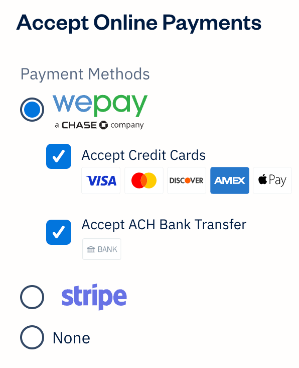 Checkboxes next to Accept Credit Cards and Accept ACH Bank Transfers on invoice.