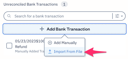 Import from file button under Add Bank Transaction button.
