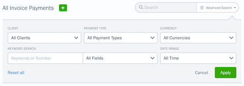 Invoice payments advanced search with extra fields to filter your results by.