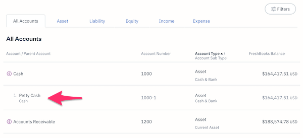 An example of a Sub Account, called Petty Cash.