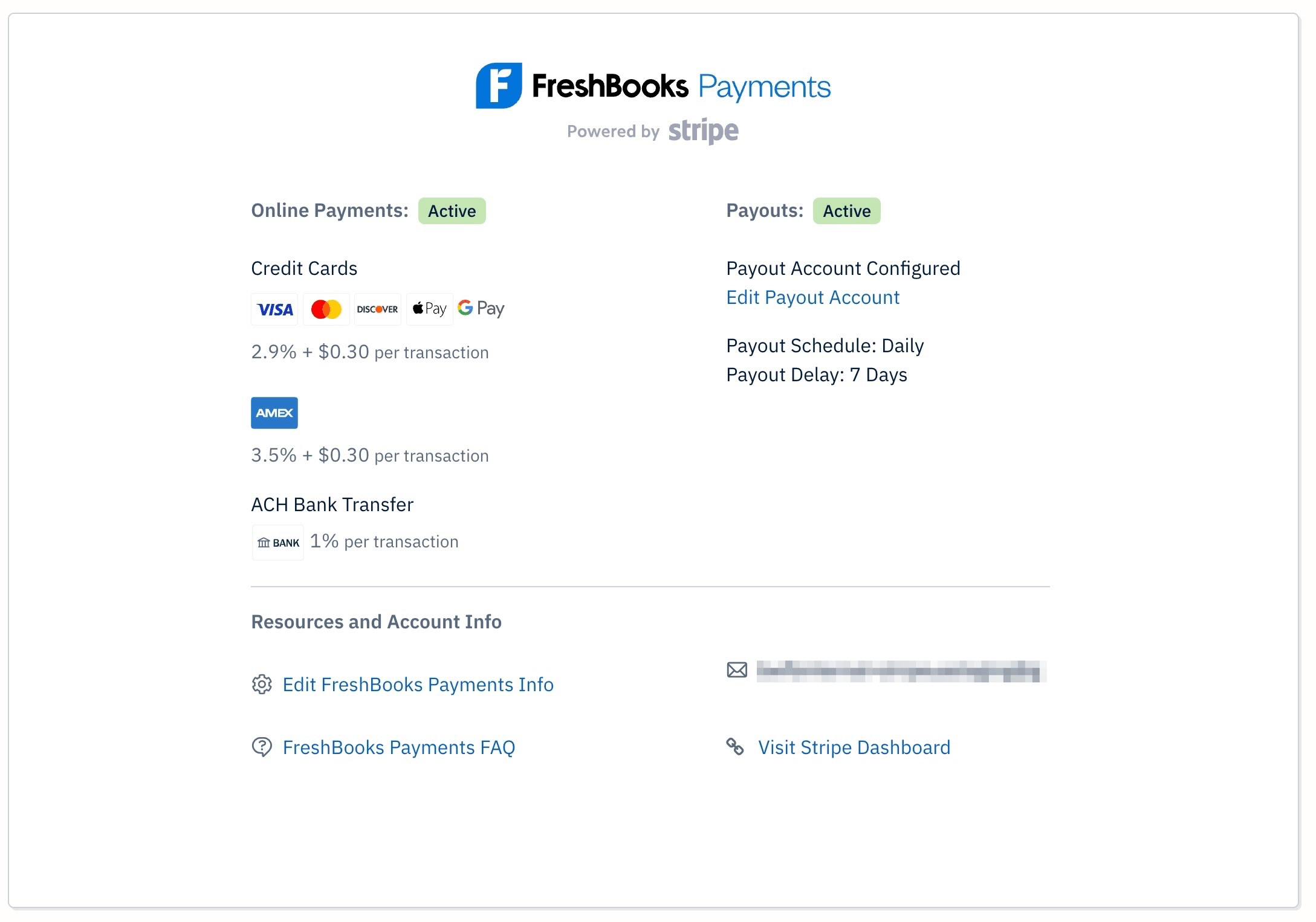 FreshBooks Payments account with information displayed in online payments settings.