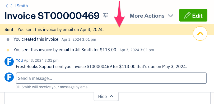 View history button above an invoice.