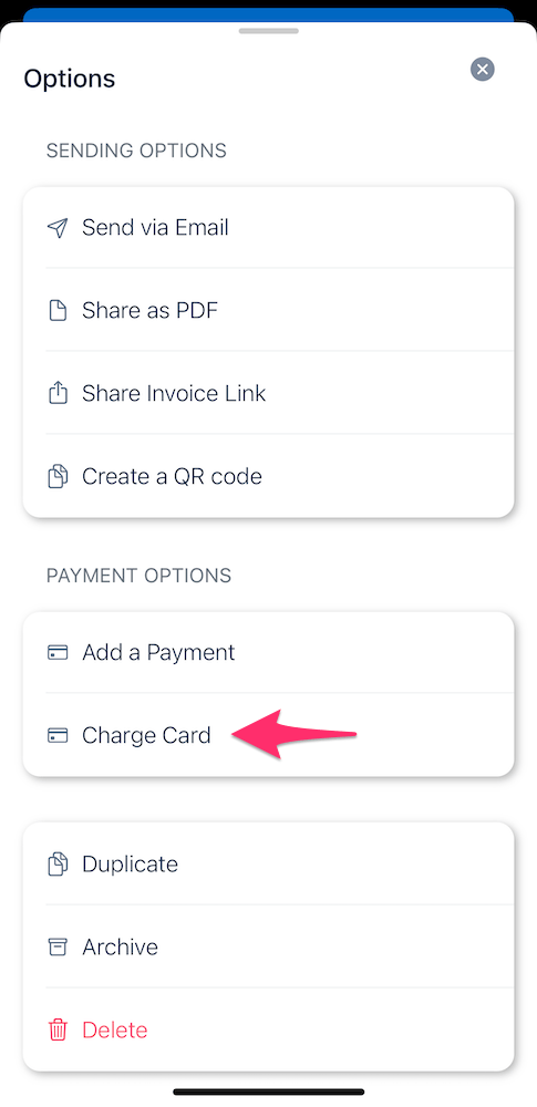 Charge card button in list of invoice options.