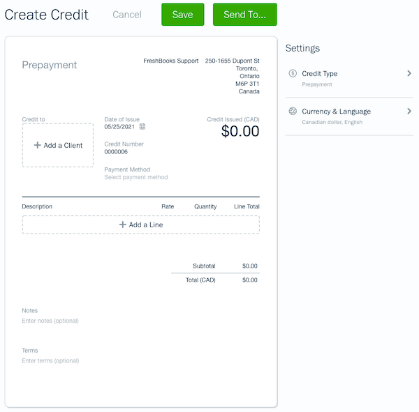Prepayment cedit creation screen with fields to fill out.