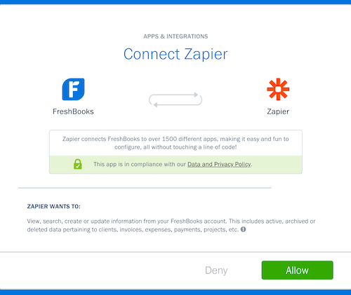 Allow button to grant Zapier access to FreshBooks.