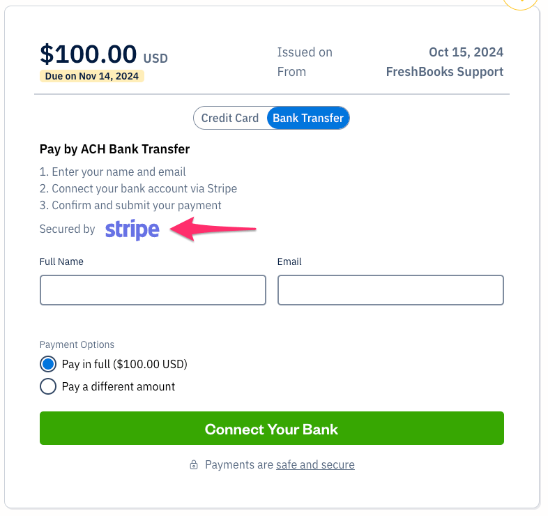 Secured by Stripe displayed on invoice.