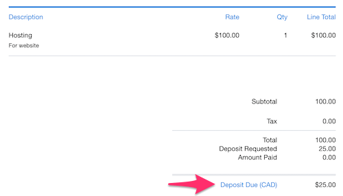 Deposit due banner on top of invoice.