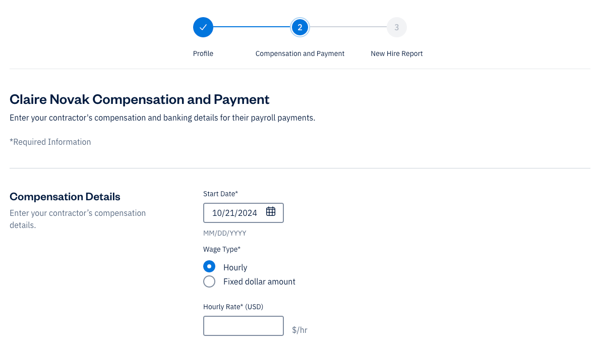 Compensation and payment section with fields to fill out.