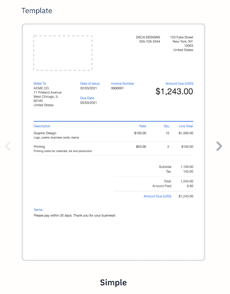 Invoice with simple template layout applied.