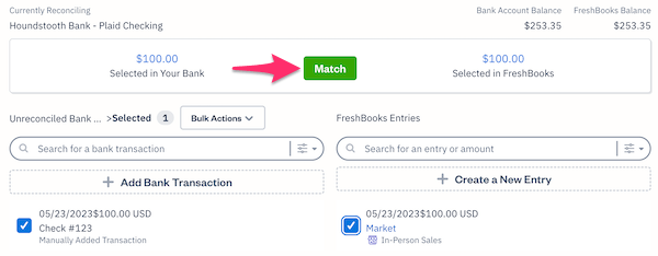 Two transactions selected to match with Match button selected.