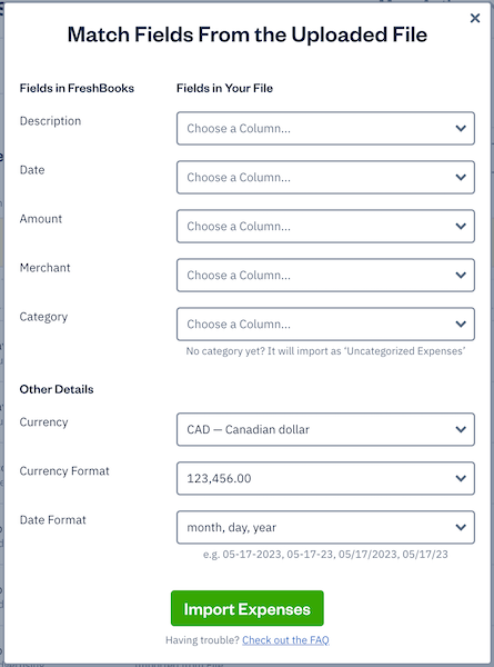 Fields for mapping from your file to the fields in Freshbooks.