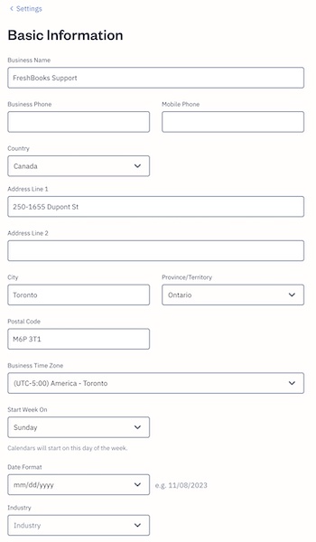 Business details section with fields to fill out