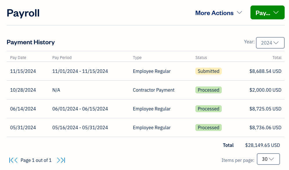 Payroll section with payment history listing 4 payments.