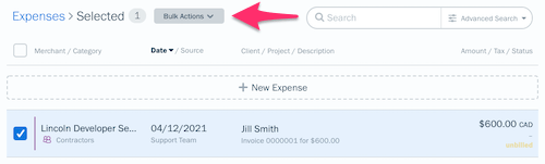 Bulk actions button above list of expenses with one expense checked off.