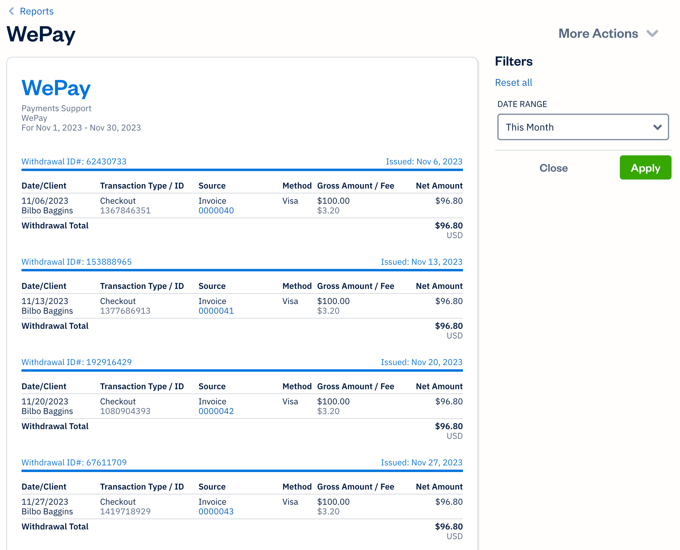 WePay report showing all transaction fees with details and filters on the right side.