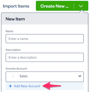 Add New Account button while creating a new item.