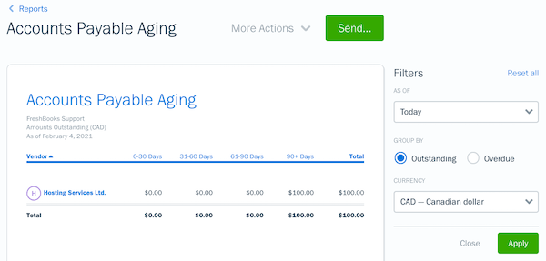 Filters for accounts payable aging report.