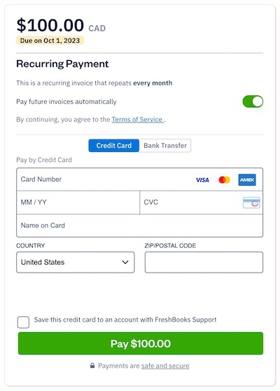 Toggle to pay future invoices automatically above credit card form.