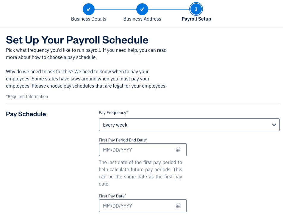 Payroll setup section with fields to fill out.