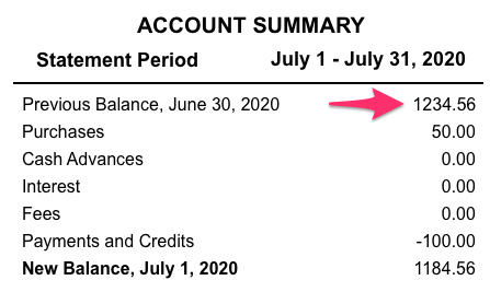 A sample credit card account statement with the amount next to previous balance selected.
