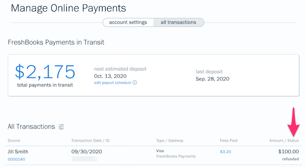 All transactions page with a payment shown with a status of refunded.