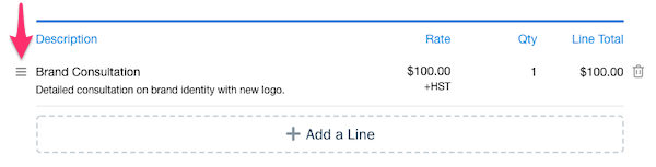Line item on invoice with drag icon showing.