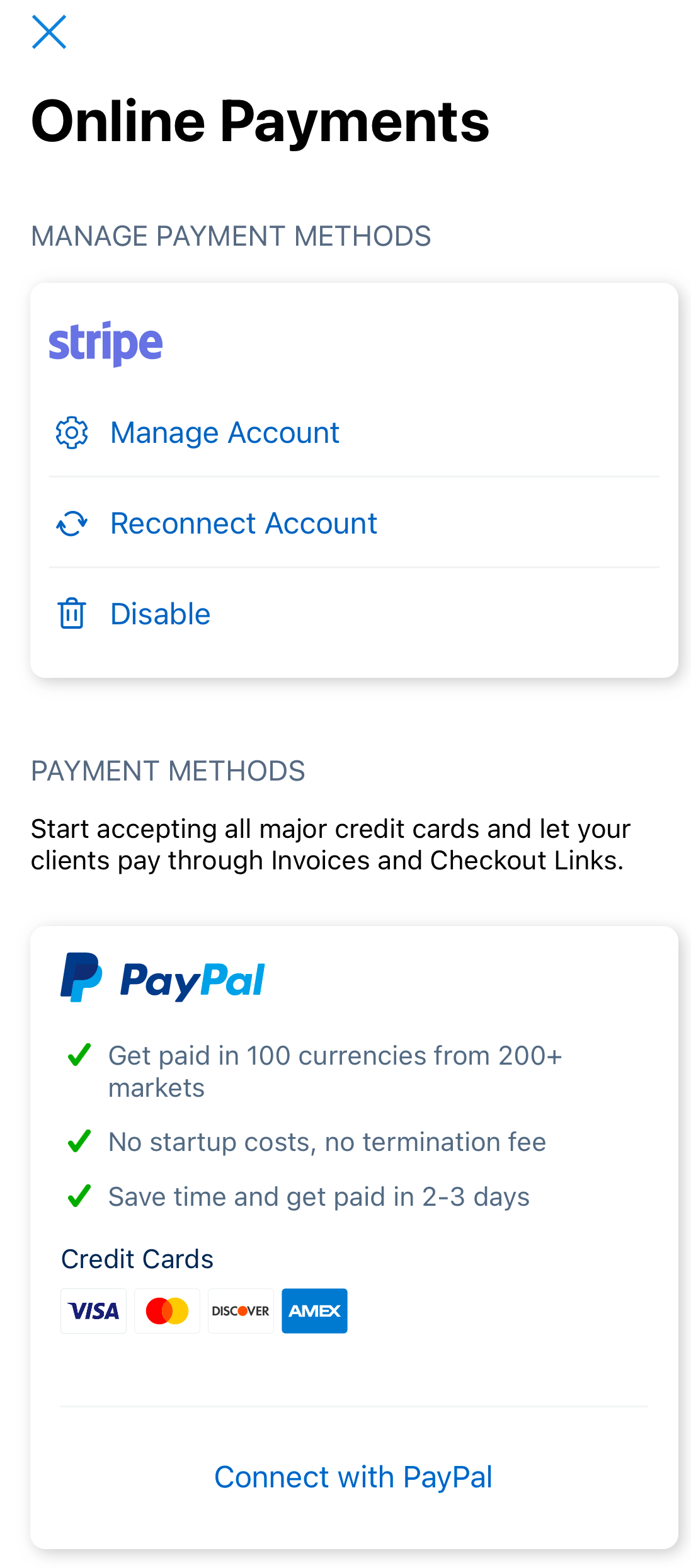 Online Payments Settings showing additional links to manage connected account.