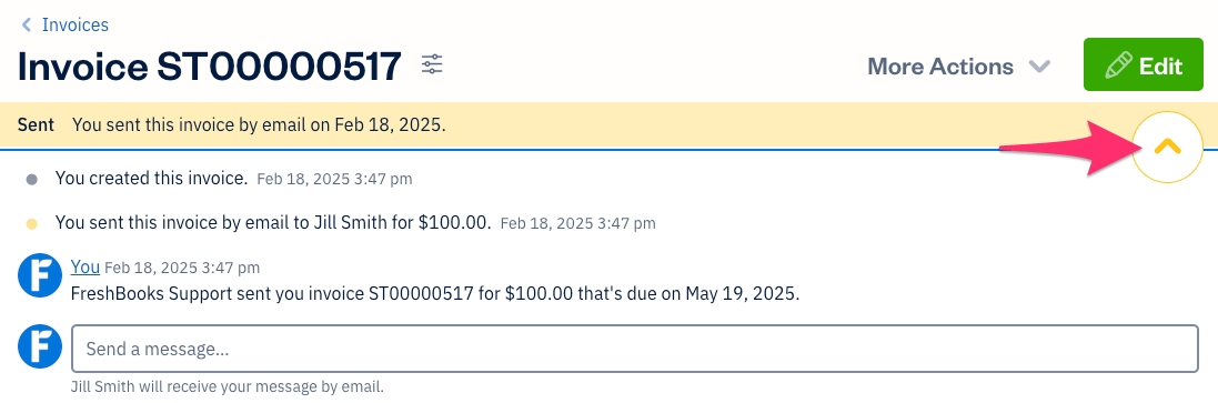 Comment button at top of invoice with history shown.