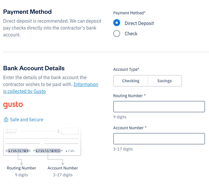 Payment method options and fields for bank account information.