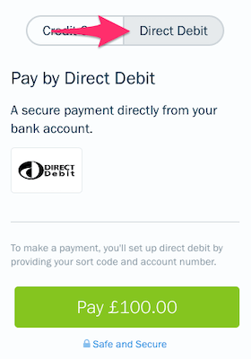 Direct debit tab on payment form of invoice.