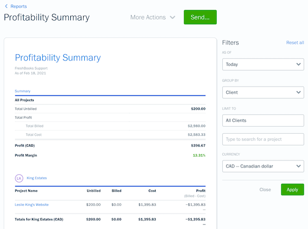 Profitability summary report with filters.