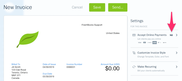 View of an invoice with button to enable Online Payments in settings menu.