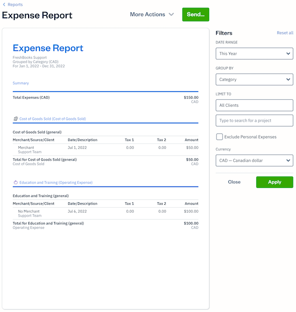 Filters on the expense report.