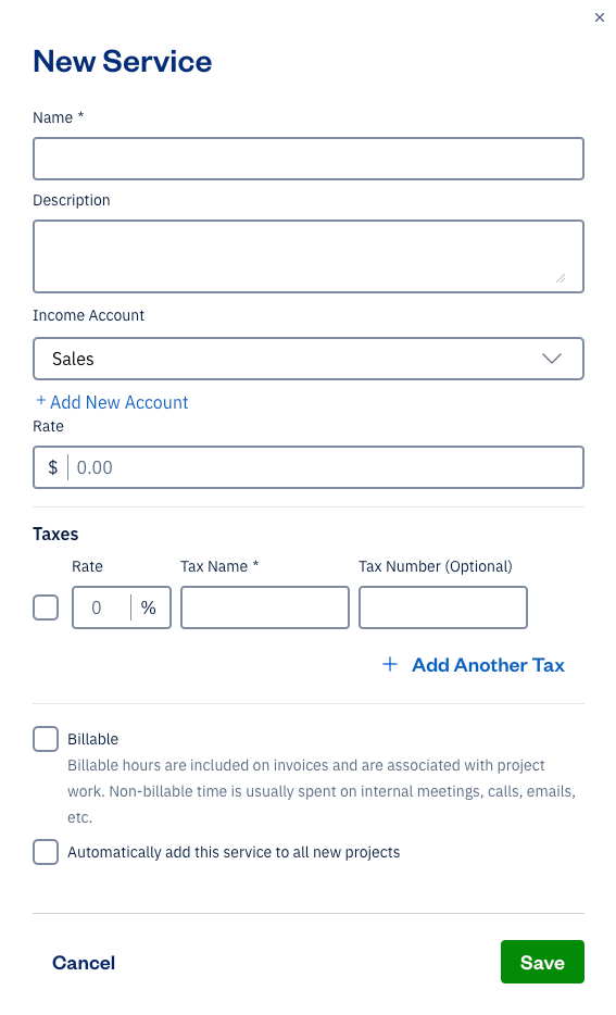 New service form with fields to fill out.