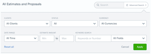 Estimates advanced search with extra fields to filter your results by.