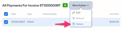 Delete button on a selected payment.