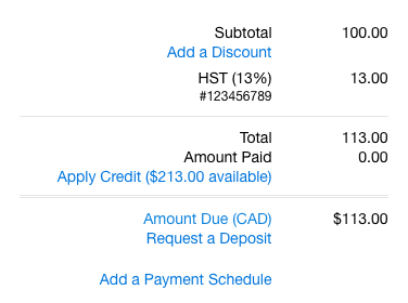 Invoice subtotals with links to add various payment adjustents.