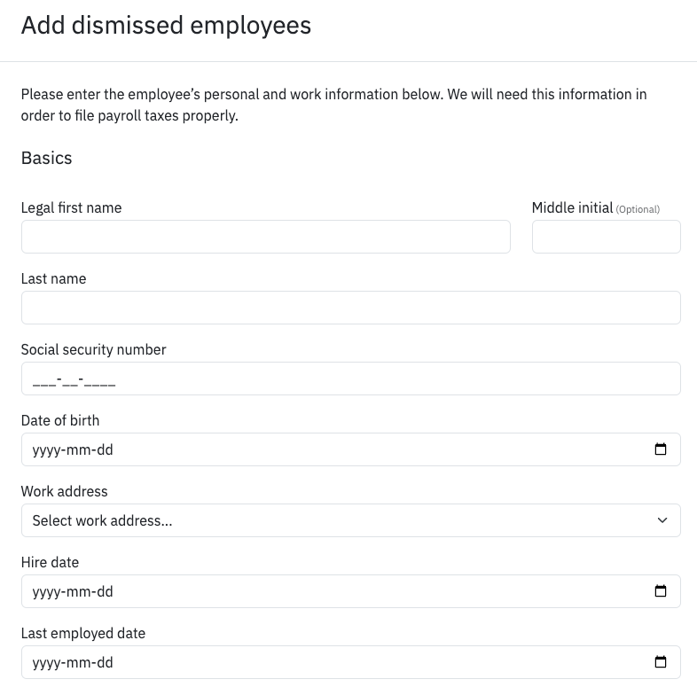 Fields to fill out for dismissed employee's information.