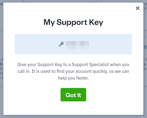 Support key pop-up showing a six digit code.