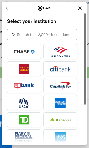 List of banks shown with search field to search for banks.