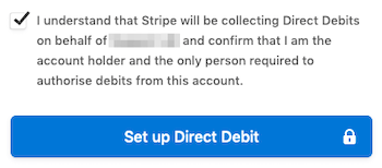 Checkbox to authorise Direct Debit.