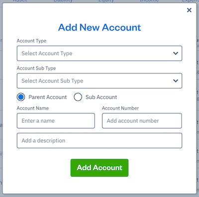 Add new account with fields to fill out.