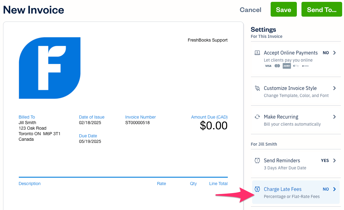 Charge late fees button.