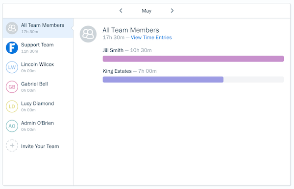 Team time summary box showing bar graph of tracked time by project.