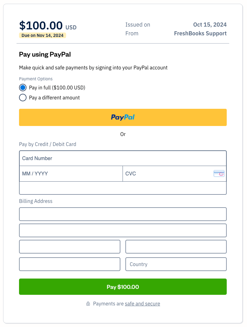 PayPal button with fields to fill out for payment information.