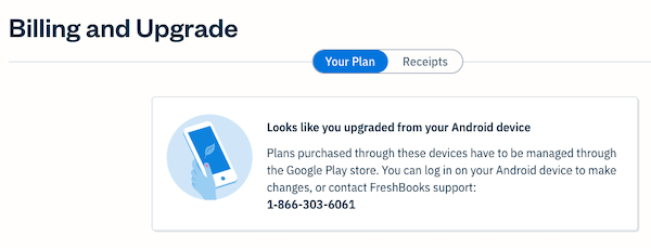 Billing and upgrade page showing Google Play subscription notification.
