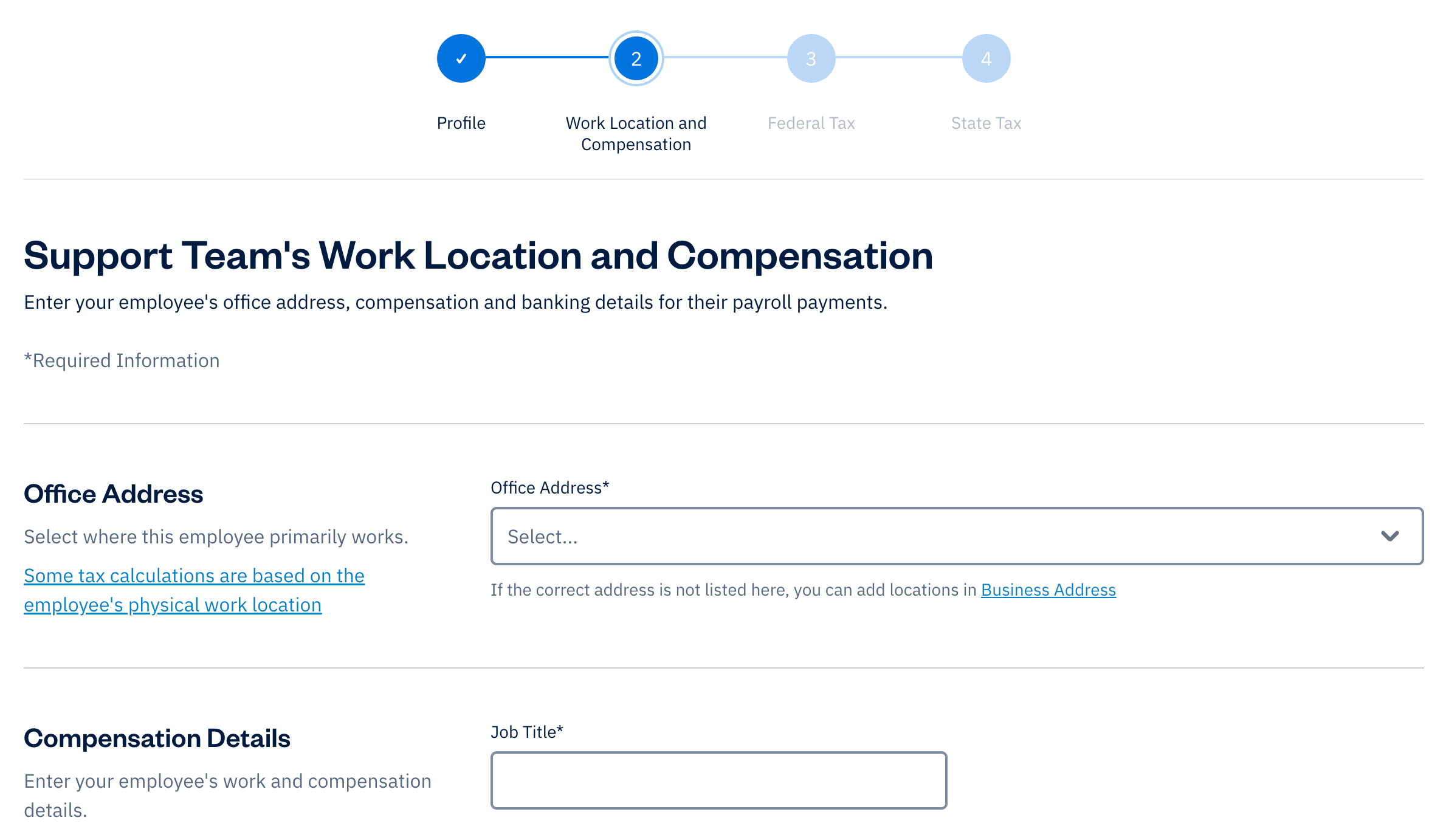 Work location and compensation section with fields to fill out.