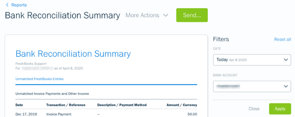 Filters on the bank reconciliation summary report.