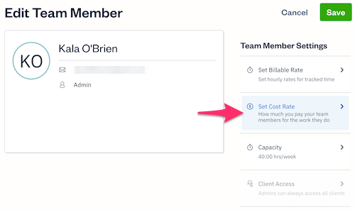 Team Member profile with cost rate setting selected.
