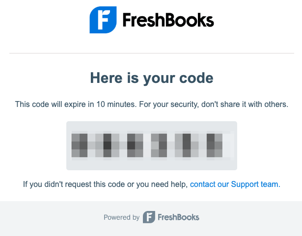 Email with six digit code from FreshBooks.
